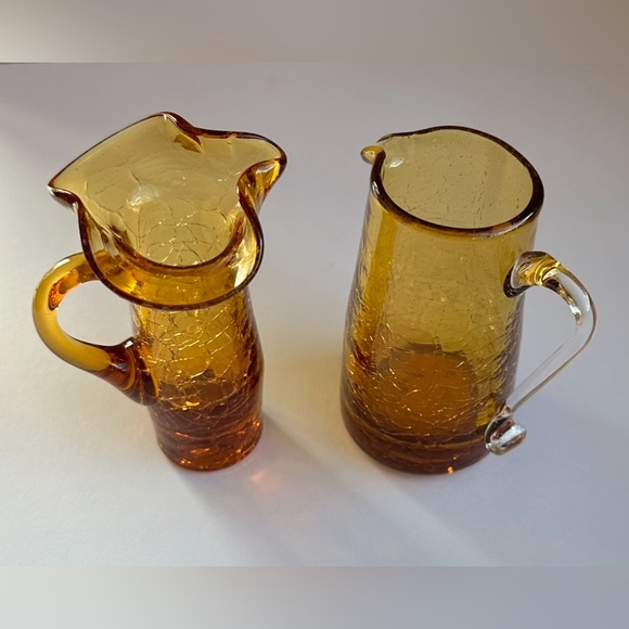 Miniature PAIR of Blown Glass Pitchers Golden Amber Crackle Glass Creamers 4” - Picture 4 of 8